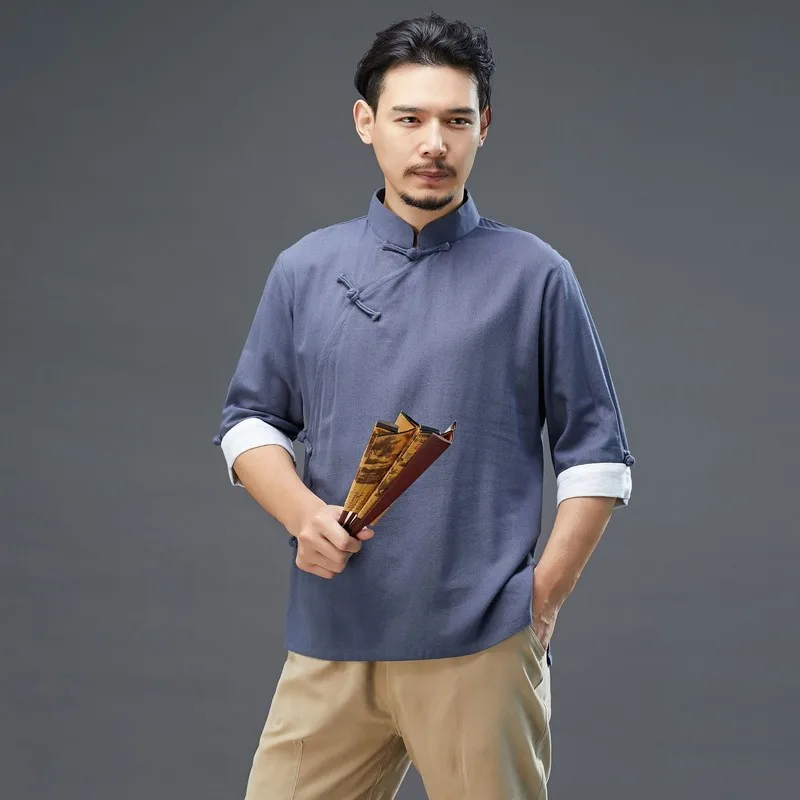 

2021 Men's Tide Summer Chinese Style Cotton Linen Short-sleeved Collar Button Solid Color T-shirt Loose Simple Casual