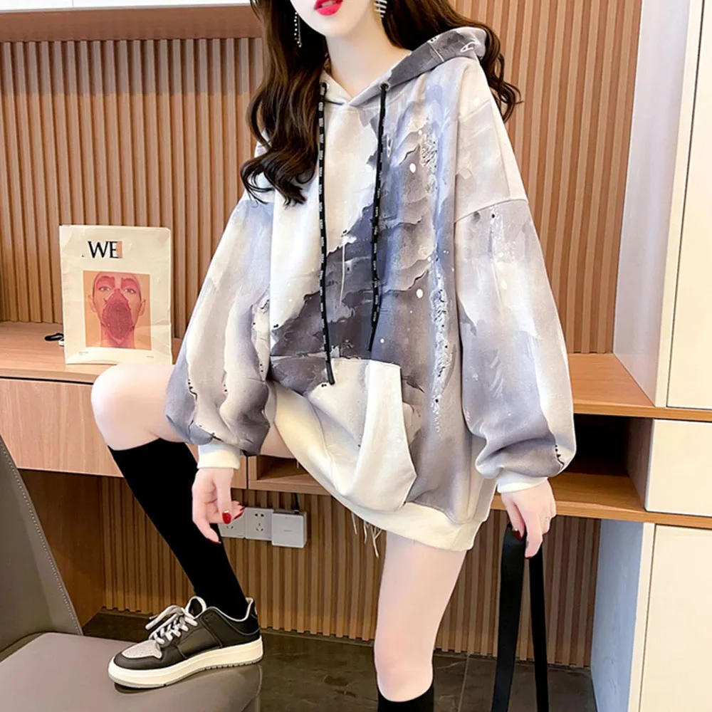 

Autumn Winter Women Sweatshirt Hooded Collar Loose Mid-length Pullovers All-match Hoodies Korean Fashion Ladies Casual Tops