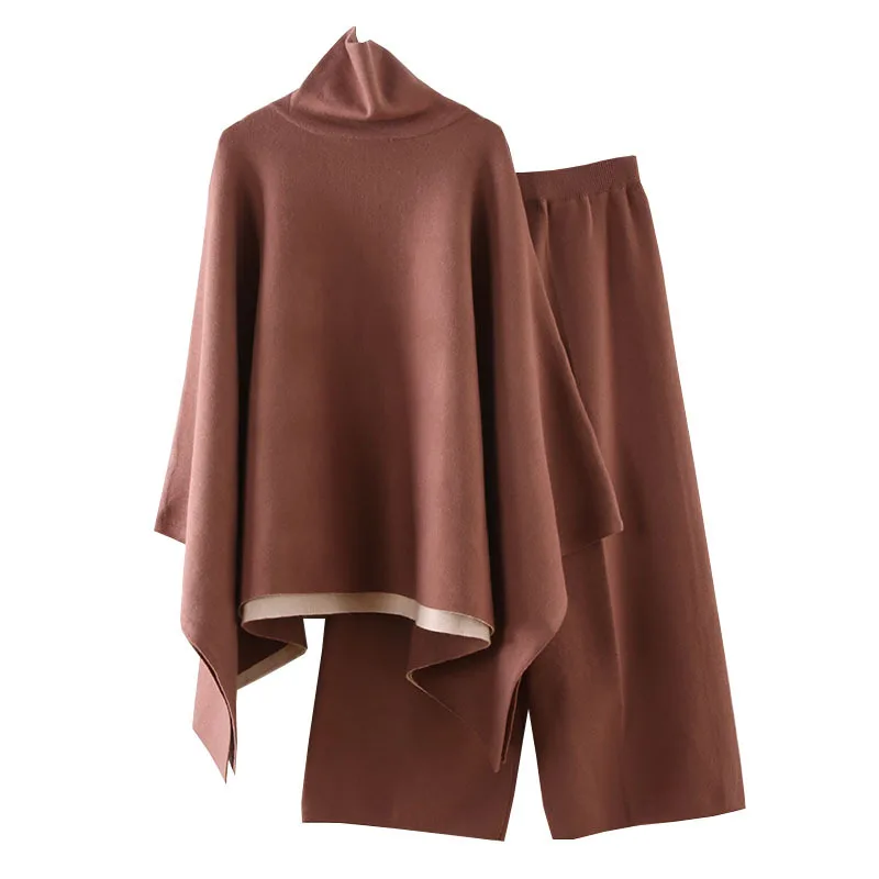 

Chic Autumn Winter Two-Piece Cape Inverness Loose Knitted Wide-Leg Pants 2 Piece Set Women Oversize Sweater Sets High Quality