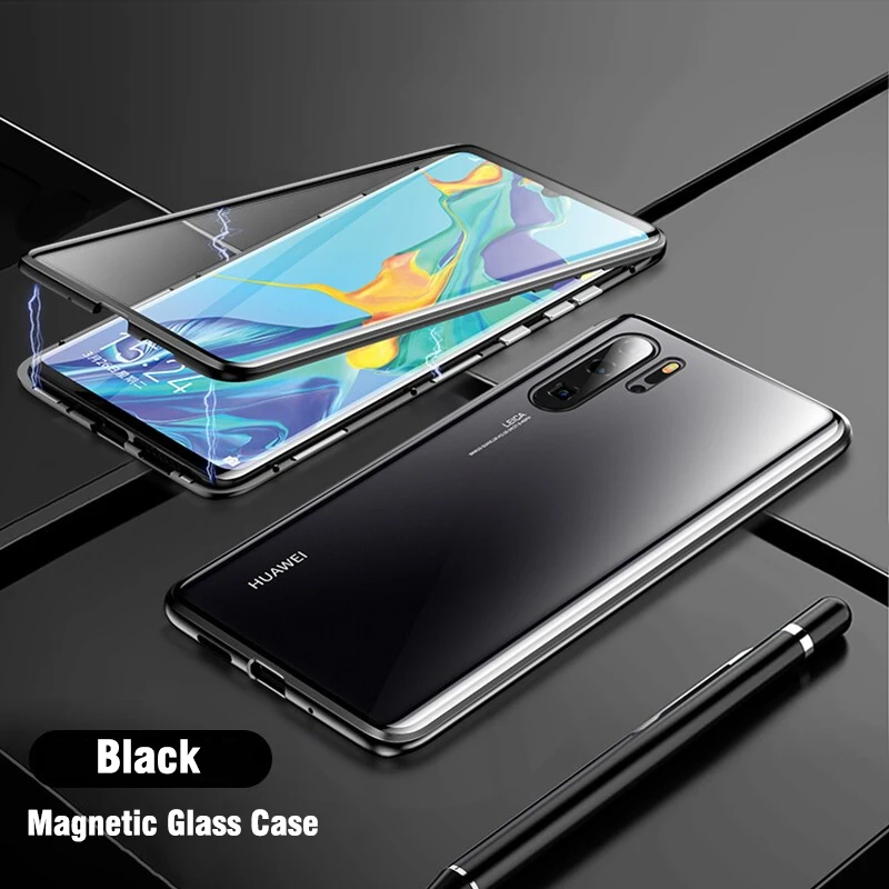 Black Double Glass Магнитный поглощающий металлический флип-чехол для телефона huawei P30 P30Pro P30Lite, двусторонний чехол из закаленного стекла huawei P30 Pro Lite, сумка - Цвет: Black Double Glass