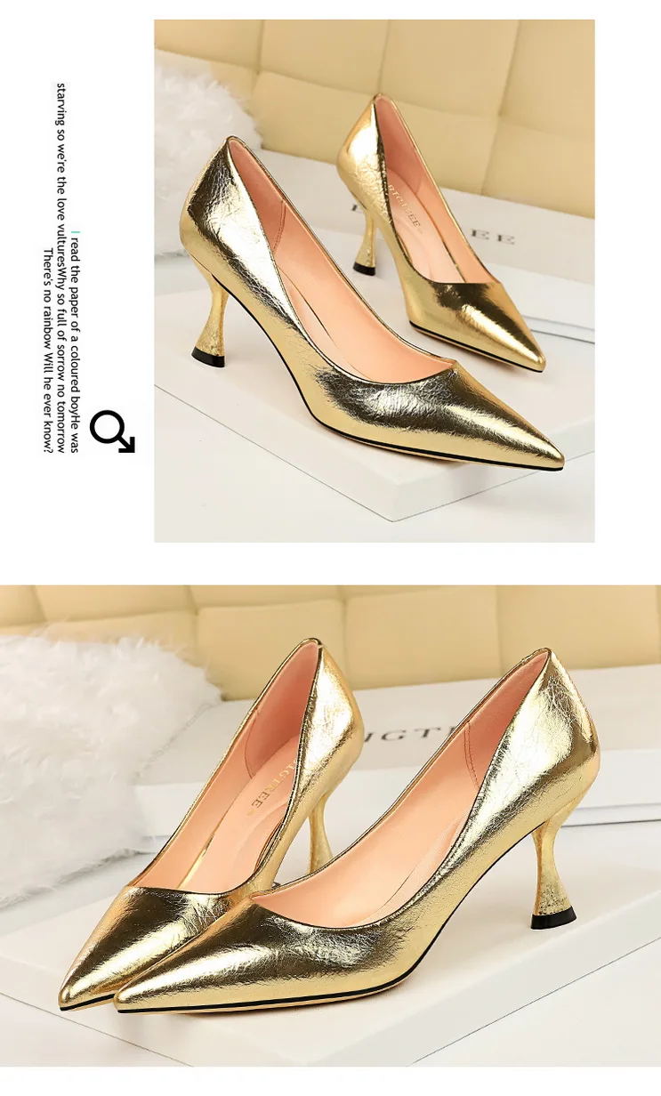 New Women Pumps High Thin Heel Metal Pointed Toe Shallow Sexy Ladies Bridal Wedding Women Shoes Gold High Heel Female Pumps