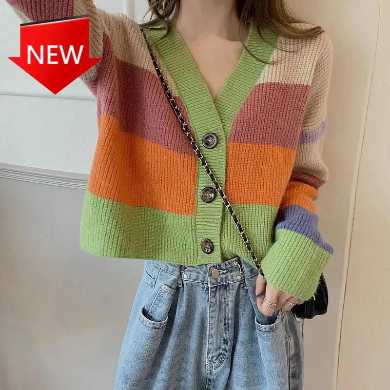 

Cardigan Jacket Knitwear Autumn New Women's Top Long Sleeve V-neck Color-blocking Sweater Short