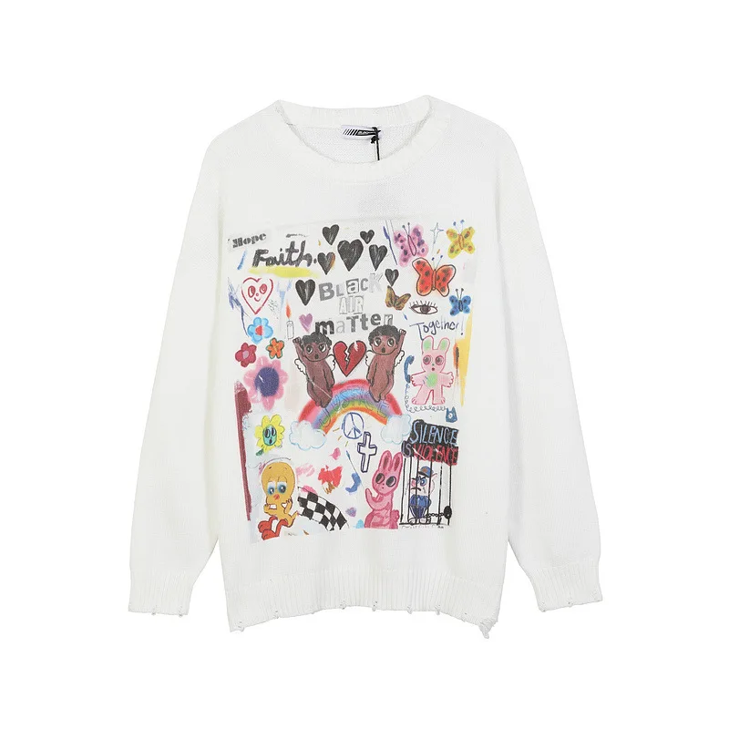 

Mens Hip Hop Streetwear Harajuku Knitted Vintage Retro Japanese Style Anime Characters Autumn Winter Loose Full Cotton Pullover