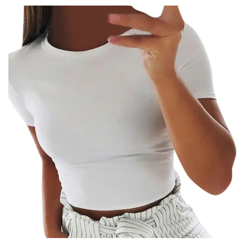 Женский короткий топ с коротким рукавом и О-вырезом для занятий спортом