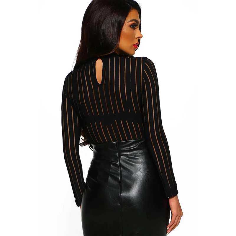 Женское боди с высоким воротником SEBOWEL черное прозрачное сексуальное в полоску