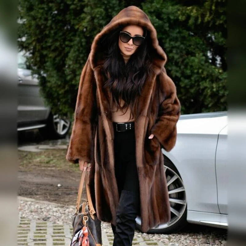 Winter Woman Natural Mink Fur Coat With Hood 2021 New Fashion Genuine Mink Fur Coats 100cm Long Luxury Overcoats With Fur Belt