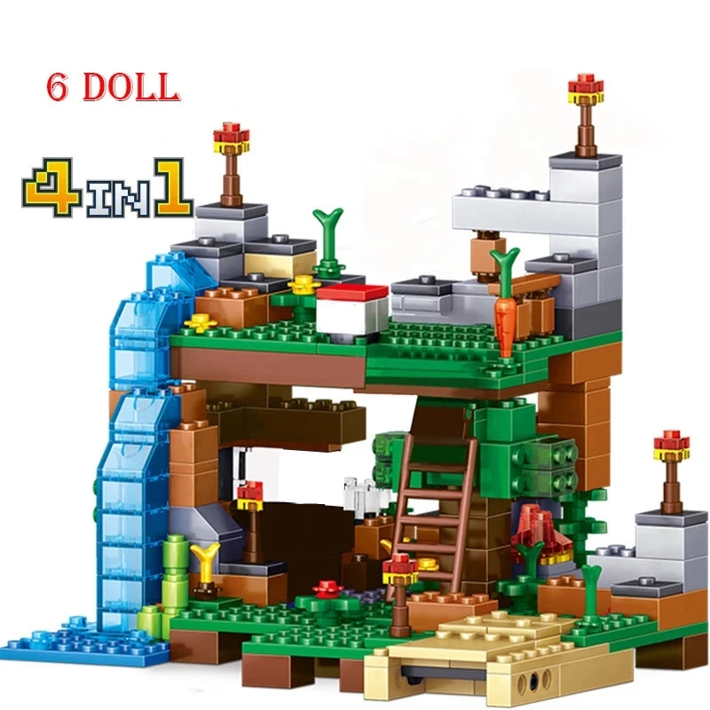 

4 in 1 my world sets Building Blocks Village City Tree House Waterfall Warhorse 4 Dolls Figures Bricks Toys For Children Gift