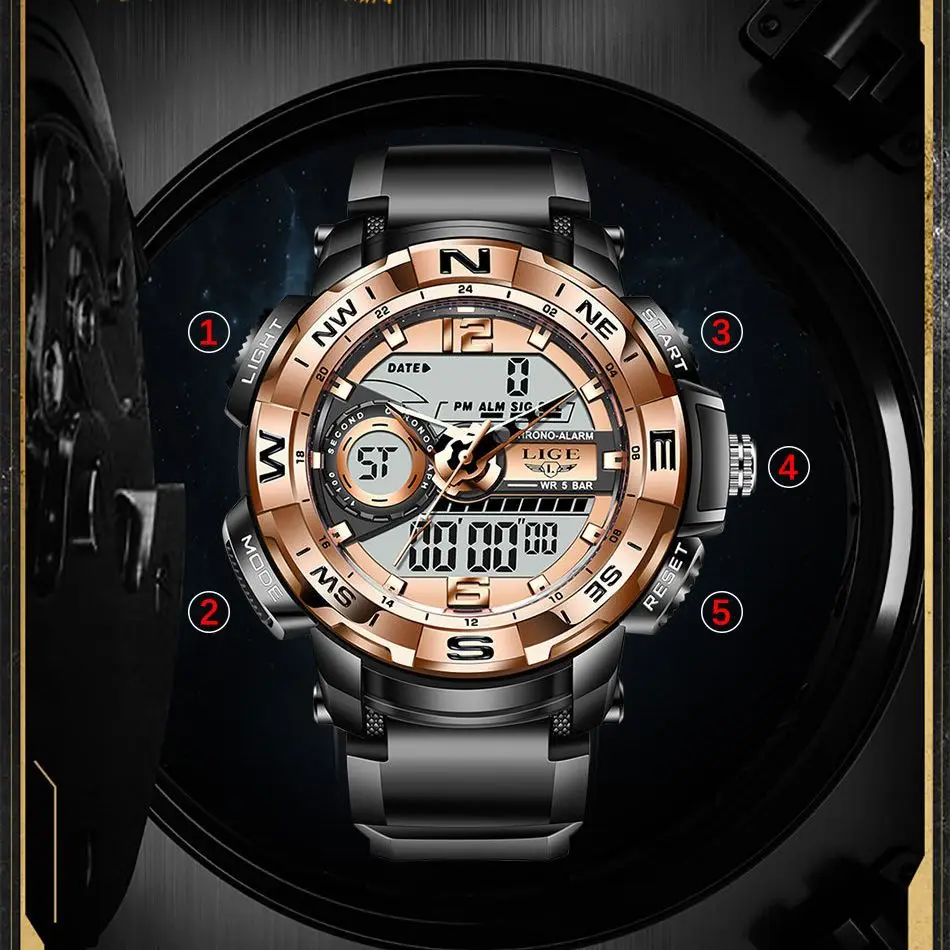 

LIGE Luxury Men Electronic Quartz Dual Display Watch Multi-Function Luminous LED Display Waterproof Sports Wristwatches Relogio