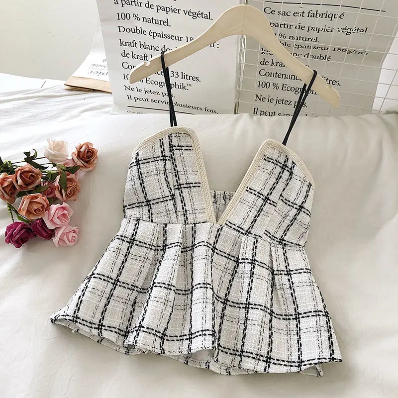 

Autumn Spring Korean Version Retro All-match Color Matching Check V-neck Waist Small Skirt Tweed Tweed Outer Camisole Tank Top