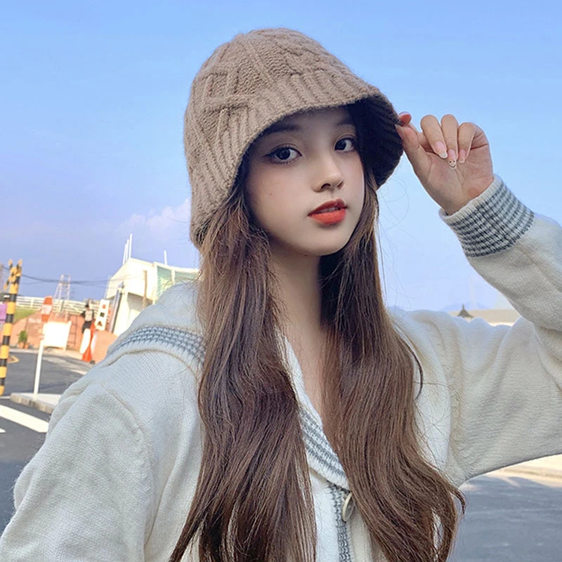 

Women Solid Color Twist Stripe Fisherman Cap Winter Chunky Cable Knit Bucket Hat Sun Hat Female Fashion Cap