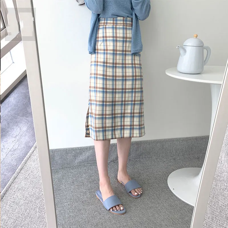 Юбка Хлопковая женская длинная в клетку с эластичной талией корейском и японском