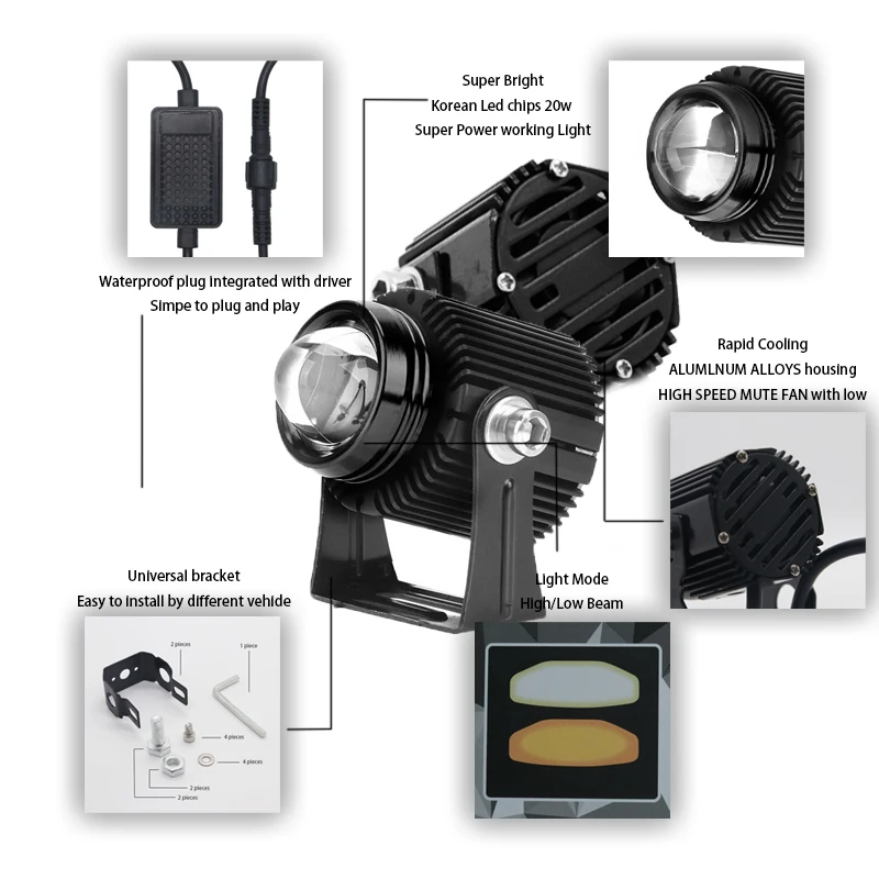 

New For Motorcycle,SUV, ATV, Truck, Electric Bicycle, Yacht 30W Headlight High Low Beam Fog Light White Yellow Led Working Light