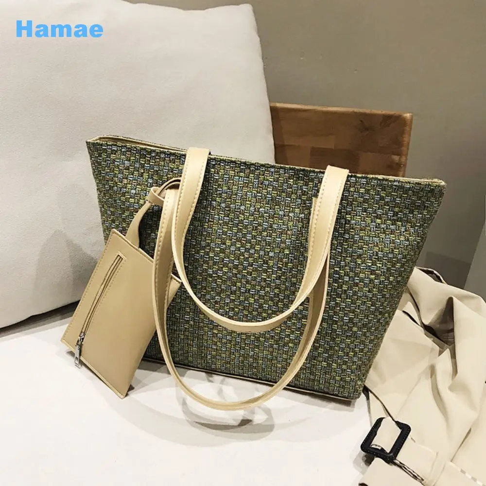 

2021 Fashion Women's Shoulder Bags PU Woolen Woven Handbags Luxury Large Tote Bag Large Capacity Casual Travel Shopping Bags