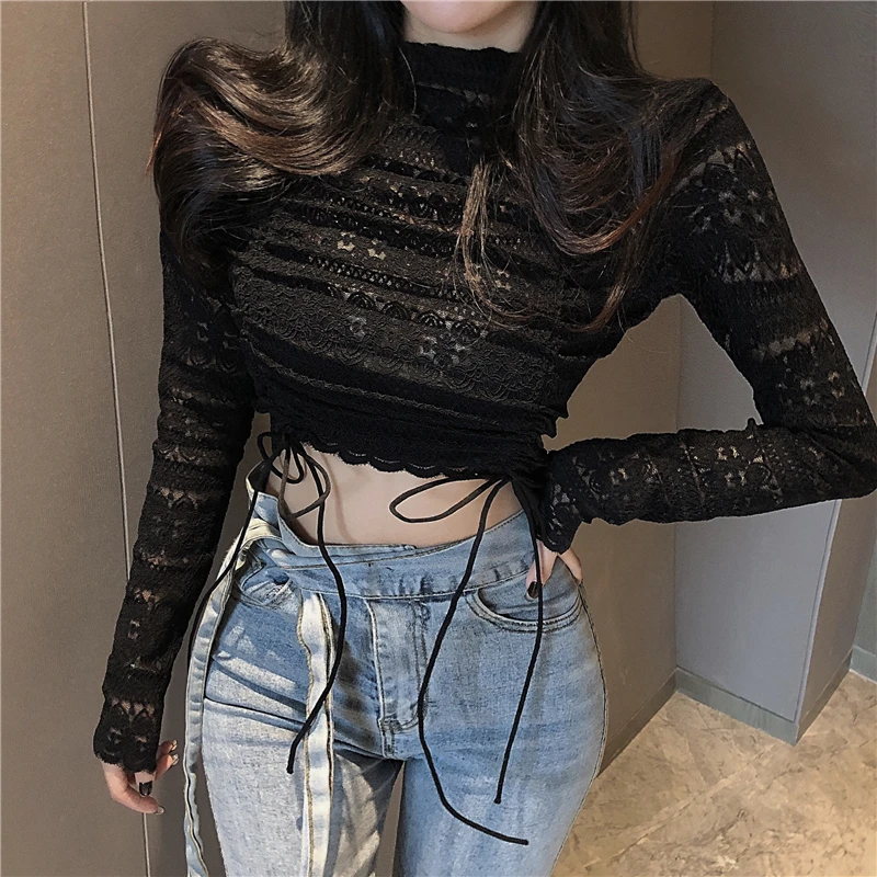 

Korean Long Sleeve Lace Shirts for Women Clothing Spring Autumn New Drawstring Slim Chiffon Blouse Hipster Fashion Ladies Tops