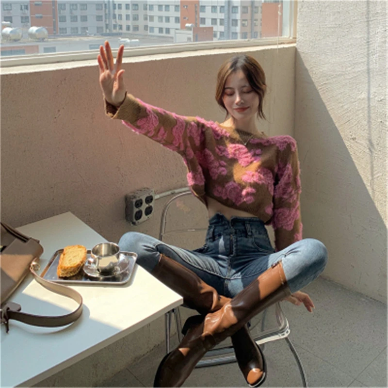 

New Fashion 3D Flower Pattern Short Sweaters Pullovers Women Korean Sweet Slim-fit Knit Sweater Jumper Female 2020
