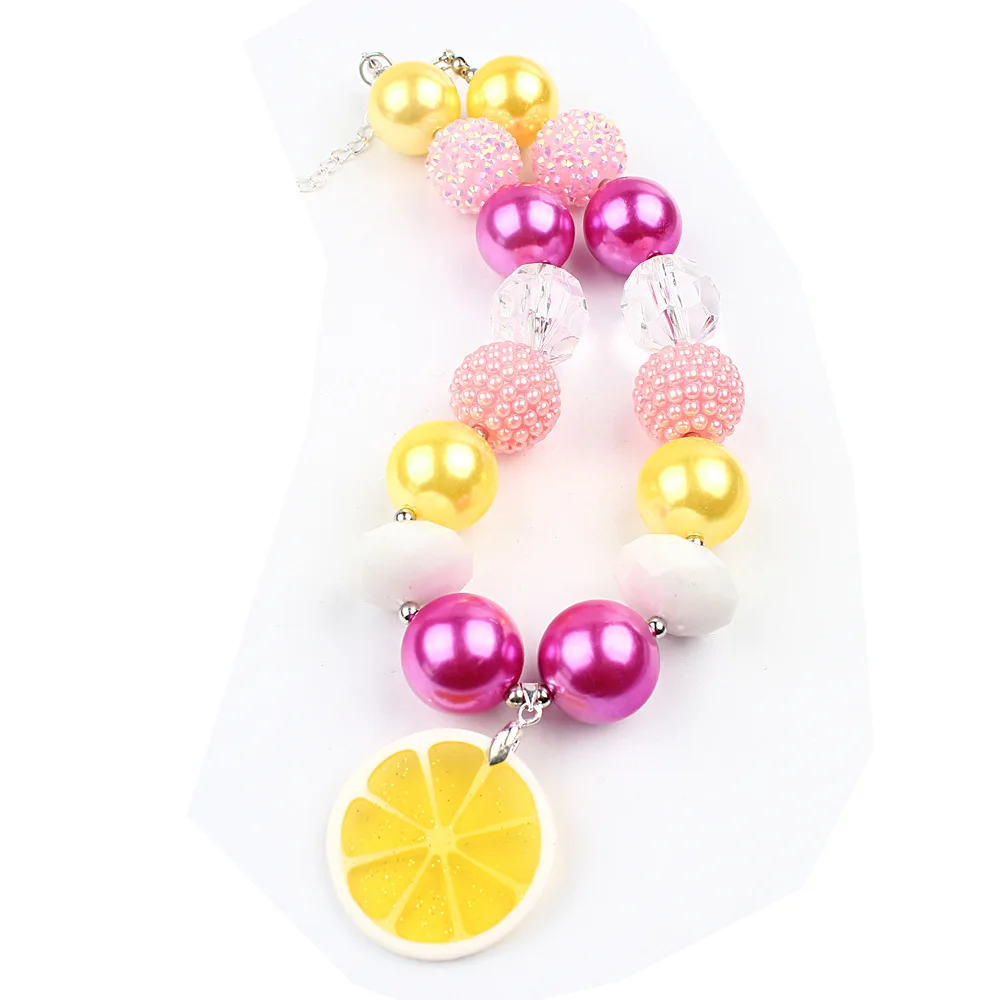 

5PCS new arrival pink/yellow lemon slice pendant necklace chunky baby bubblegum beaded necklace for girls kids jewelry
