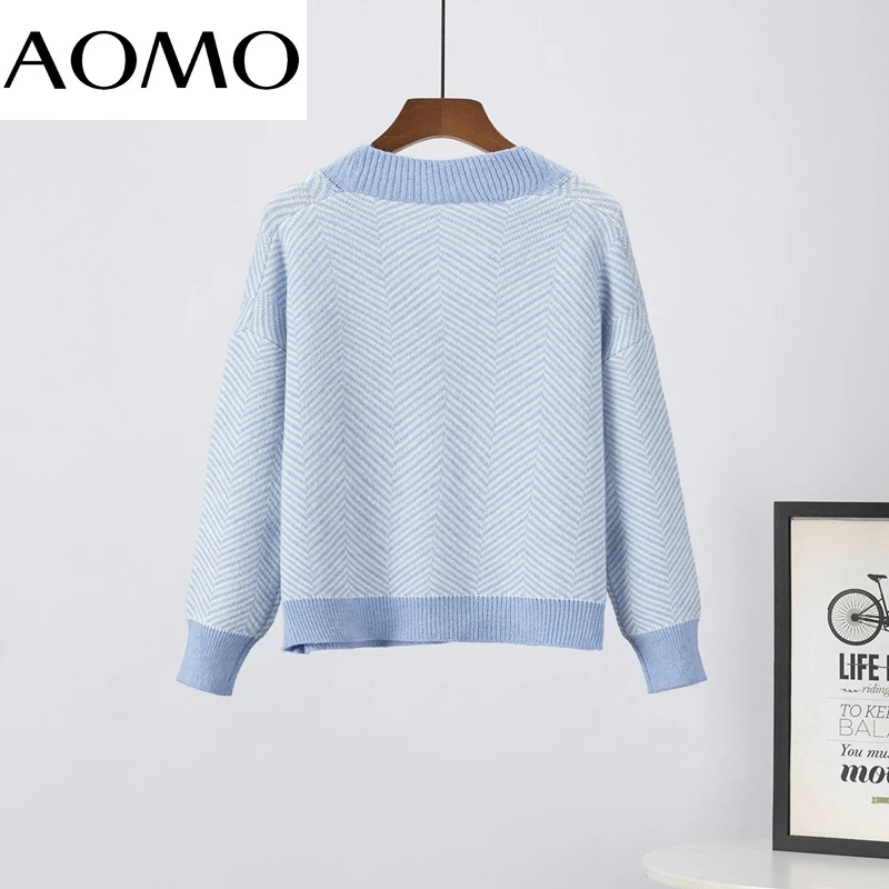 

AOMO 2021 Women Striped Knitted Cardigan Sweater Jumper Vintage Long Sleeve Female Office Lady Outerwear 7A12A