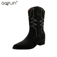 western cowboy boots embroidered printing knight boots winter to keep warm non slip snow boots womens low heel martin boots