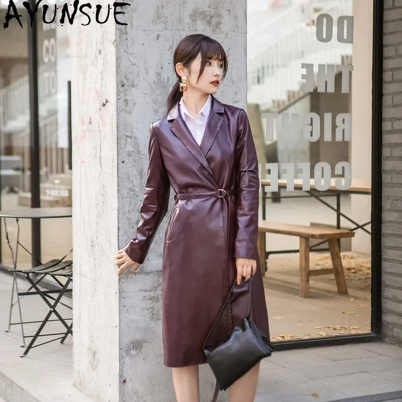 AYUNAUE Genuine Leather Jacket Women Long 100% Sheepskin Coat Spring Autumn Windbreaker Real Leather Jackets Chaqueta Mujer 9620
