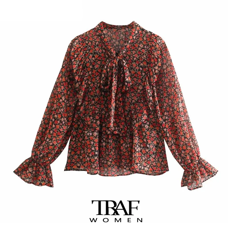 

TRAF Women Fashion With Bow Tied Floral Print Blouses Vintage Long Sleeve Ruffled Female Shirts Blusas Chic Tops