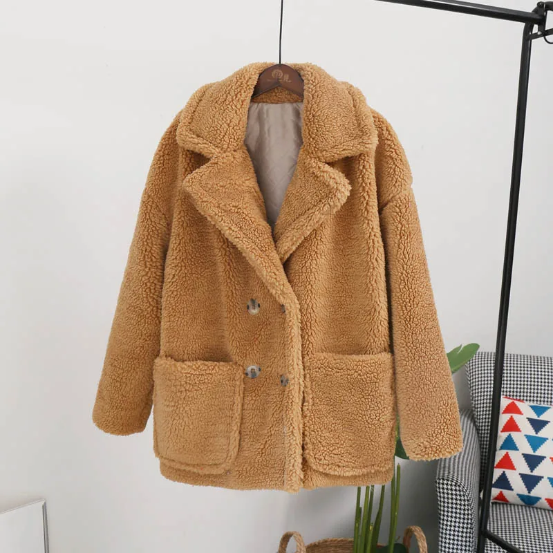 Classic Turn-down Collar Solid Faux Fur Jacket Coat Women 2019 Winter Warm Thicken Fake Lamb Overcoats Basic Soft Plush Overwear | Женская