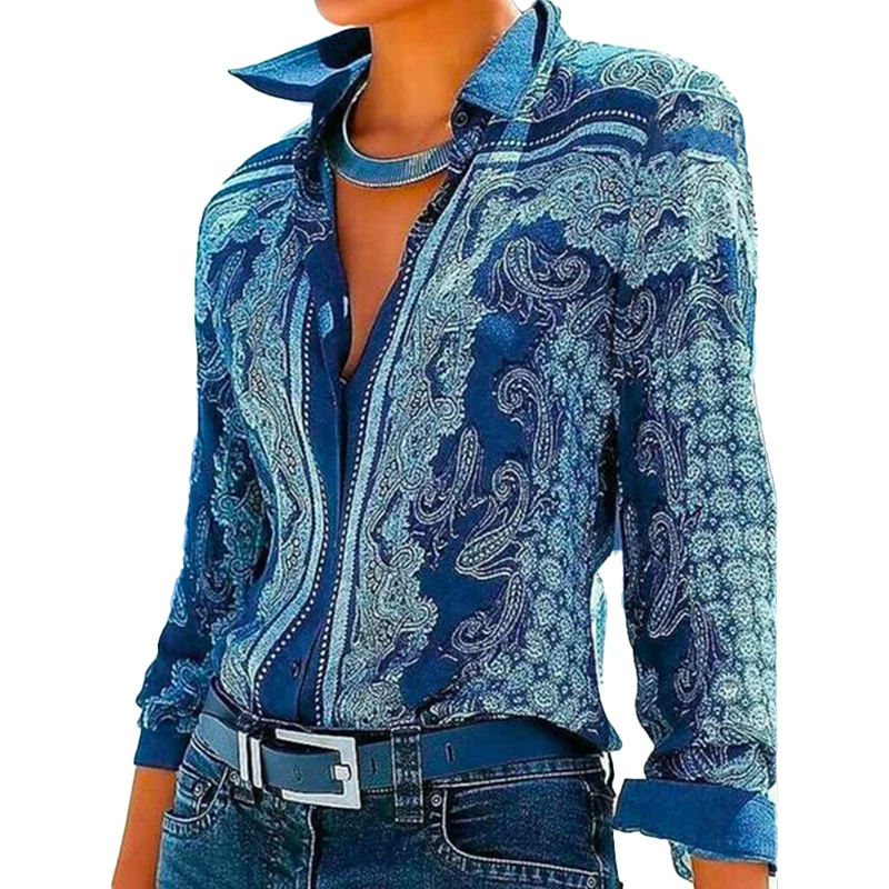 

Women Turn-down Collar Blouses Shirts Vintage Shirt Woman Waves Printed Female Tops Long Sleeve Women Shirt Loose Pullover
