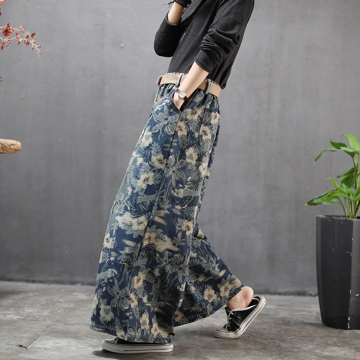 Женские винтажные джинсы эластичные широкие брюки с высокой талией и цветочным