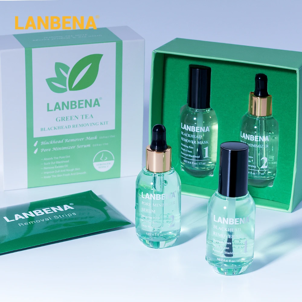 

LANBENA Green Tea Blackhead Remover Nose Mask Pore Strip Peeling Acne Treatment Pore Refining Minimizer Serum Skin Care Set