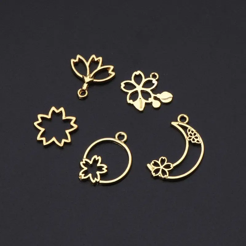 

5Pcs Cherry Flower Open Bezel Charm Pressed Flower Blank Frame Hollow Pendants