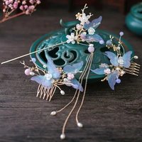 girls blue butterfly hair stick comb set tiara hair sticks hanfu hair style headwear hair combs clip hair accessories