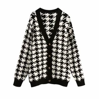 women houndstooth knitting loose sweater casual femme v neck long sleeve pullover high street lady loose tops