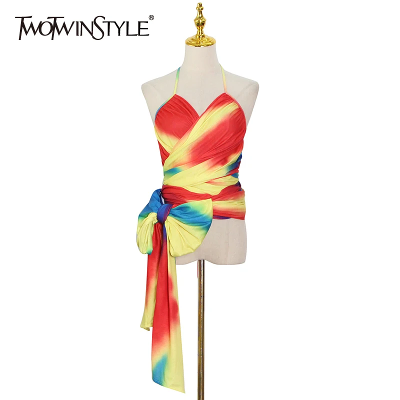 

TWOTWINSTYLE Hit Color Patchwork Bowknot Vests For Women Halter Sleeveless Backless Lace Up Sexy Camis Female New Summer Fashion