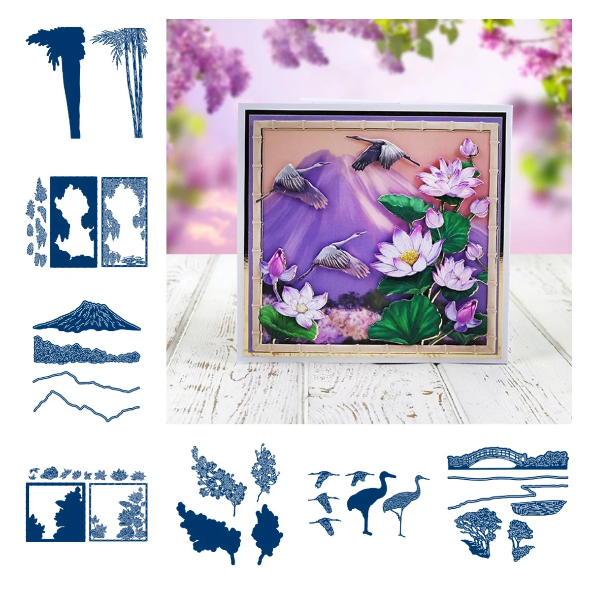 

Lotus Mountain Bridge Crane Bamboo Metal Cutting Dies for DIY Scrapbooking Crafts Dies Cut Stencils Maker Photo Album Template
