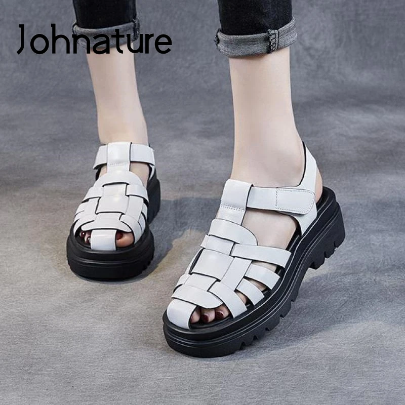 

Johnature Genuine Leather Shoes Women Sandals Hook & Loop Retro Wedges 2021 New Handmade Comfortable Concise Platform Sandals
