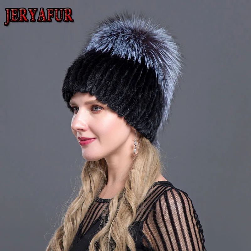 

New Design Fashion Hat Real Natural Mink Fur Hat With Silver Fox Fur Cap For Women With Hanging Chain In The Back And Fur Balls