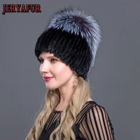 new design fashion hat real natural mink fur hat with silver fox fur cap for women with hanging chain in the back and fur balls