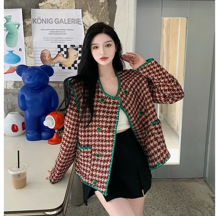 

Contrast Color Thousand Bird Check Coat Women's Autumn and Winter 2021 Double Row Button Long Sleeve Top Z2646
