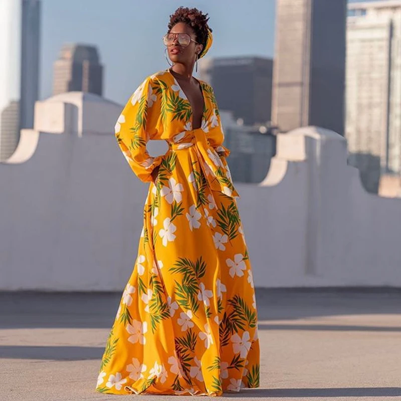 

2020 Women Autumn Vintage Floral Print African Dress Long Sleeve Belt High Neck Loose Dresses Party Club Long Maxi Dress Vestido