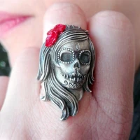 unique 316l stainless steel flower sugar skull ring day of the dead muertos catrina calavera rings women punk jewelry