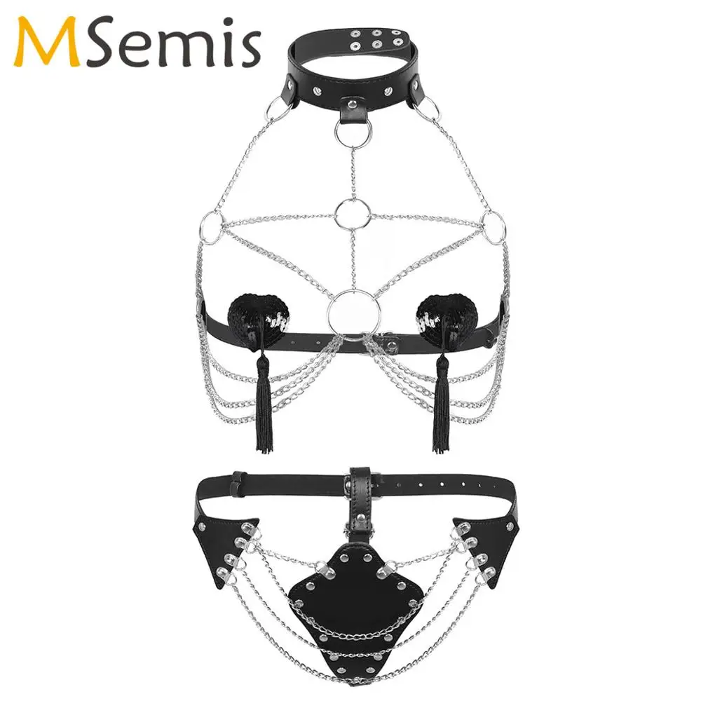Для женщин Пикантные ремни с металлической цепочкой набор белья бикини открытые