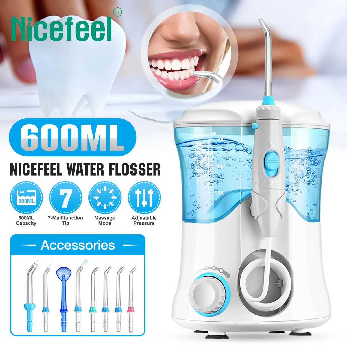 

Nicefeel Oral Irrigator Dental Water Irrigator Flosser 600ML Water Jet Teeth Cleaner Dental Family Oral Care with 7pcs Tips