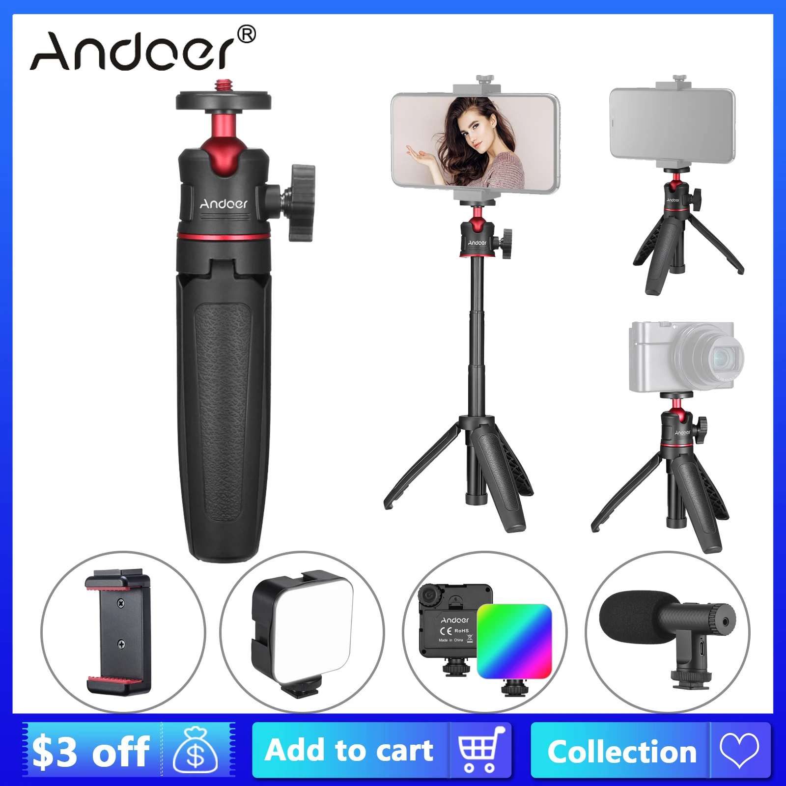 Настольный мини-штатив Andoer для фотографий с винтом 1/4 дюйма и держателем телефона
