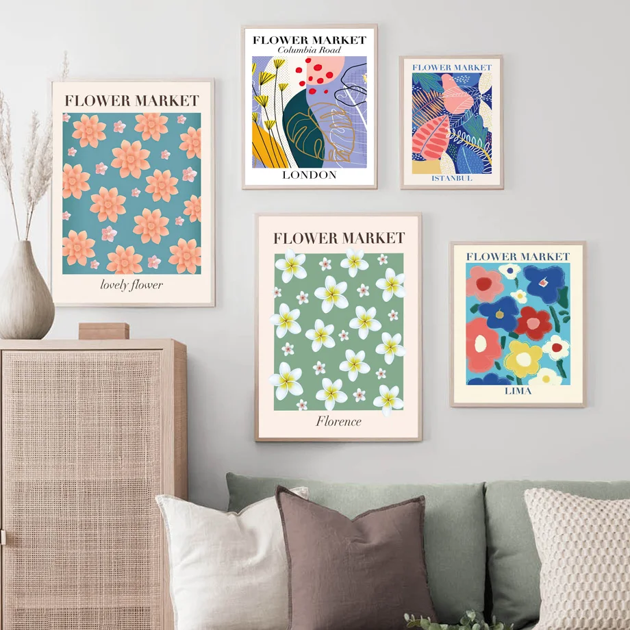

Abstract Flower Market Colorful Floral Shop Sign Wall Art Print Canvas Painting Nordic Poster Decor Pictures For Living Room