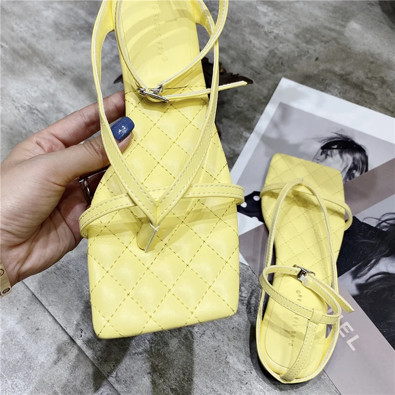 2020 летние женские желтые сандалии на плоской платформе с ремешком Синие Женские