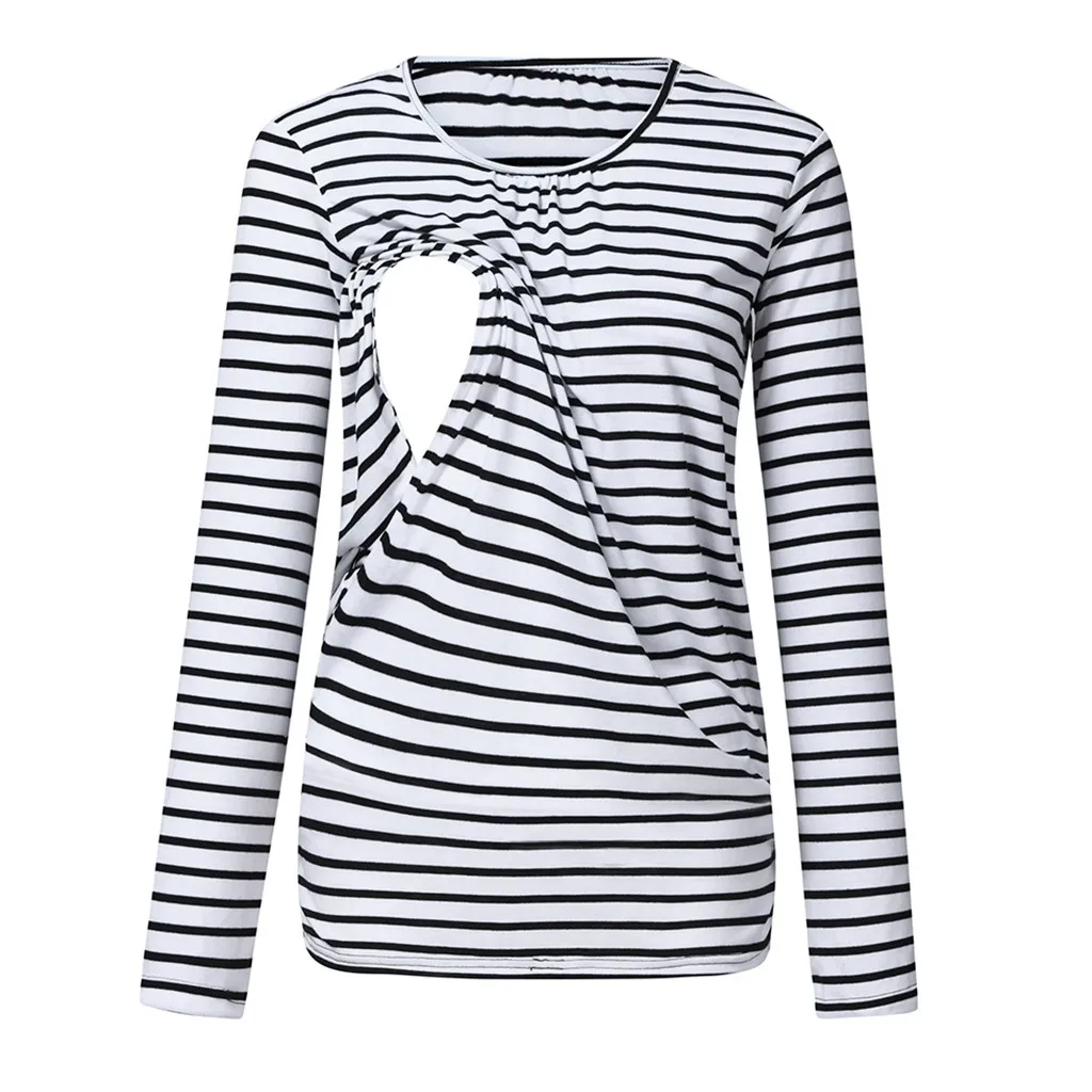 Для женщин блузка для беременных с длинным рукавом в полоску кормления футболки