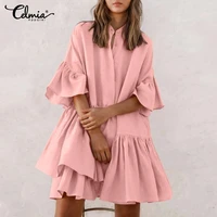 celmia holiday ruffled sundress women 2022 summer mini dress leisure half sleeve casual solid party beach vestidos buttons robes