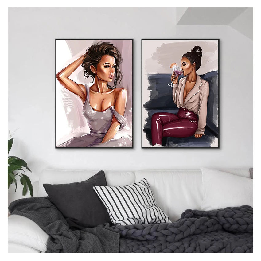 Картина на холсте "Губы, вино и модная девушка с сигаретой" в стиле Nordic для декора гостиной.
