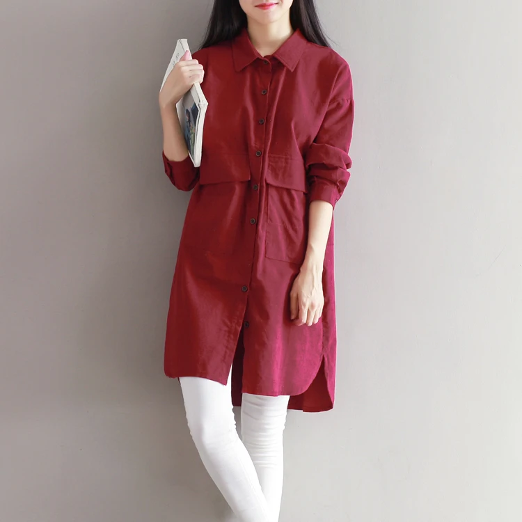

New Autumn Women Shirts Loose Long Corduroy ) Blouse Shirt Red 3523