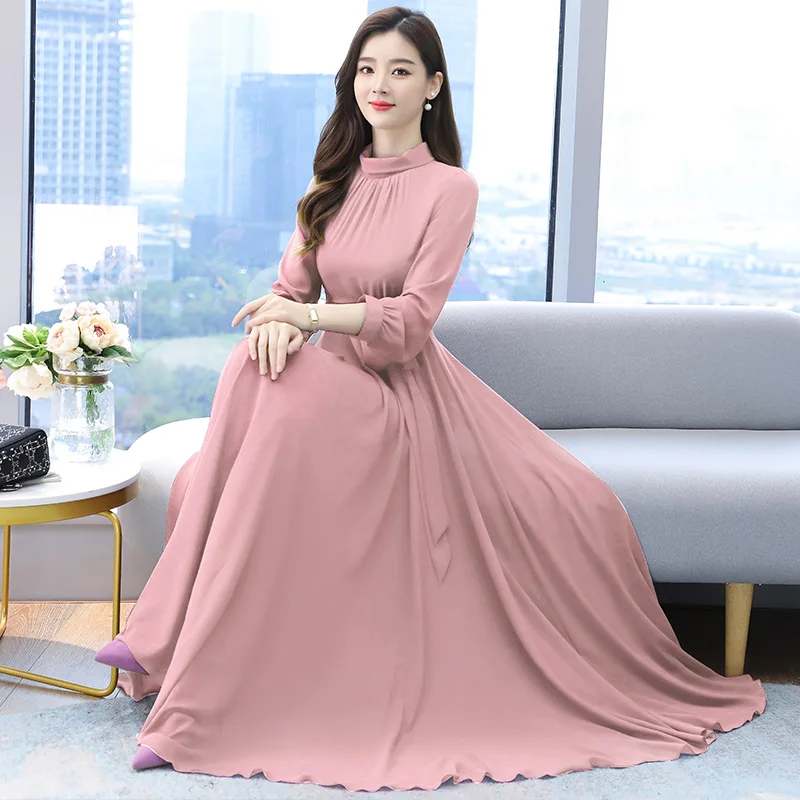 

2021 spring new temperament waist slim slimming over knee solid color chiffon long sleeve dress beach dress