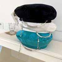 korea style silk pearl beret hats for women with pearl chain flat top painter newspaper tong bud hat fashion girl decorative hat